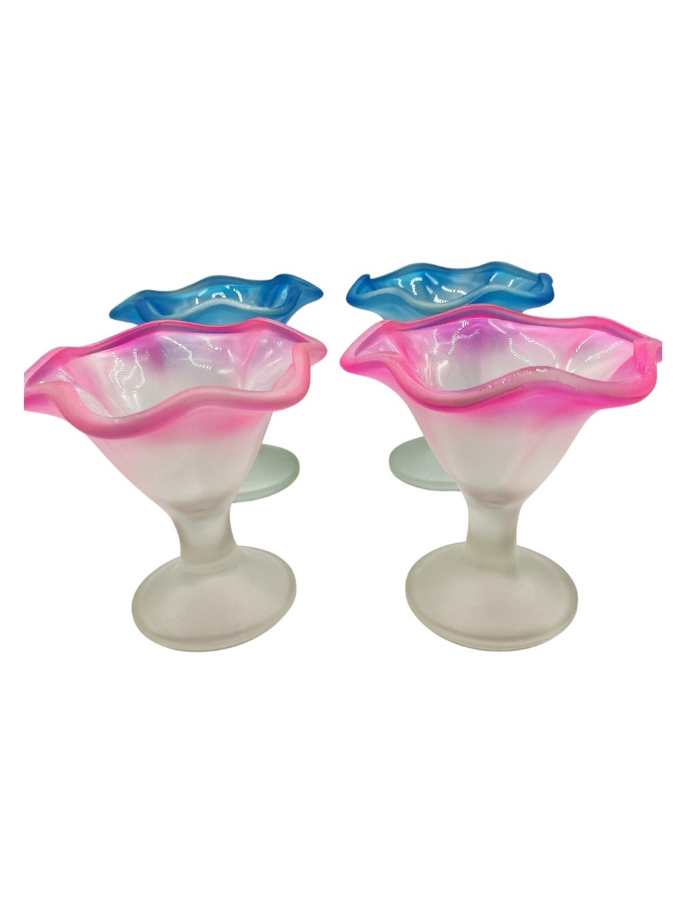 Vintage Frosted Sundae Goblets: Kig Indonesia, Pink & Blue Rim, Set of 4